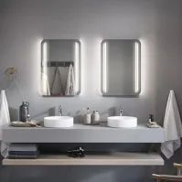 Miroir élégant avec coins arrondis et lignes verticales de LED