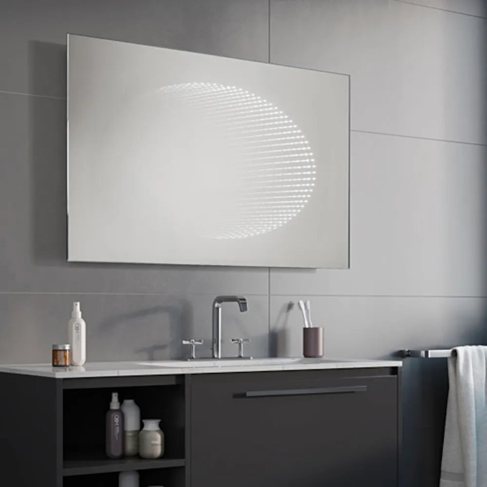 Miroir rectangulaire avec éllipse LED effet 3D pour une ambiance moderne.