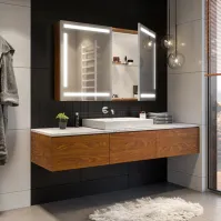 armoire miroir avec éclairage puissant porte ouverte à droite