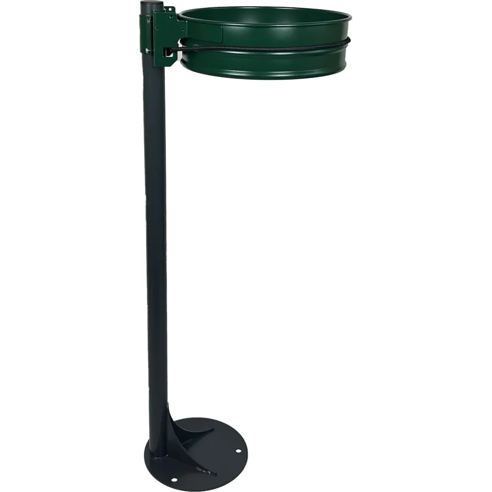 poteau gris manganèse supportant poubelle verte de parc