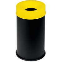 Poubelle antifeu noire 50L couvercle jaune sécurisé.