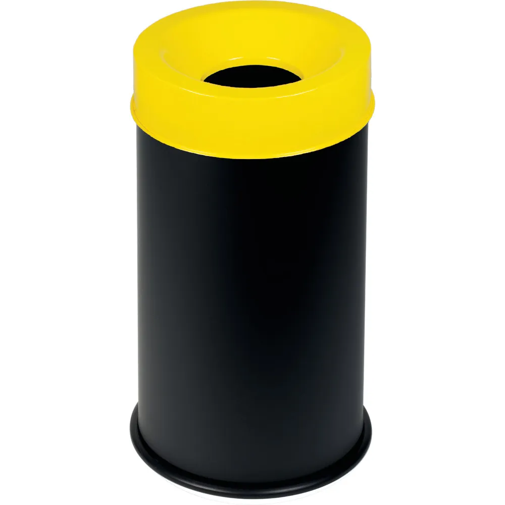 Poubelle antifeu noire 50L couvercle jaune sécurisé.