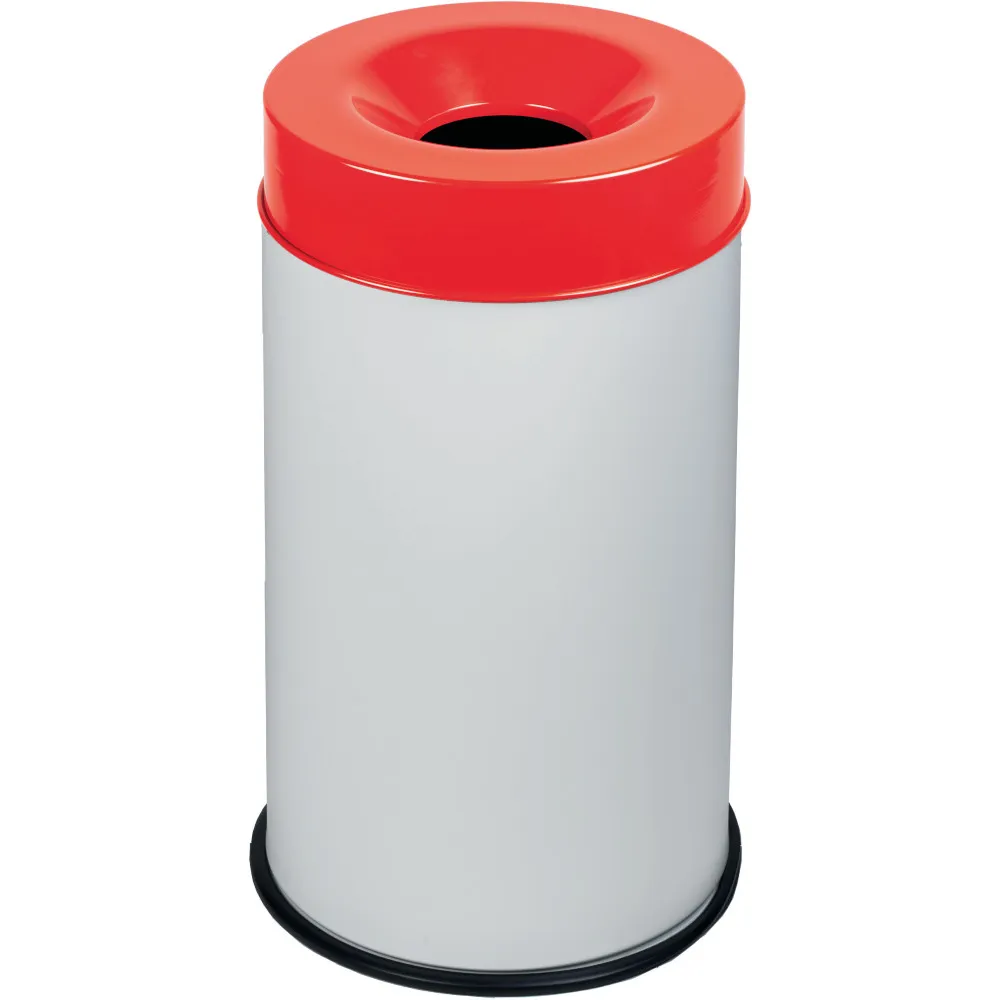 Poubelle blanche antifeu couvercle rouge 50L sécurisée.
