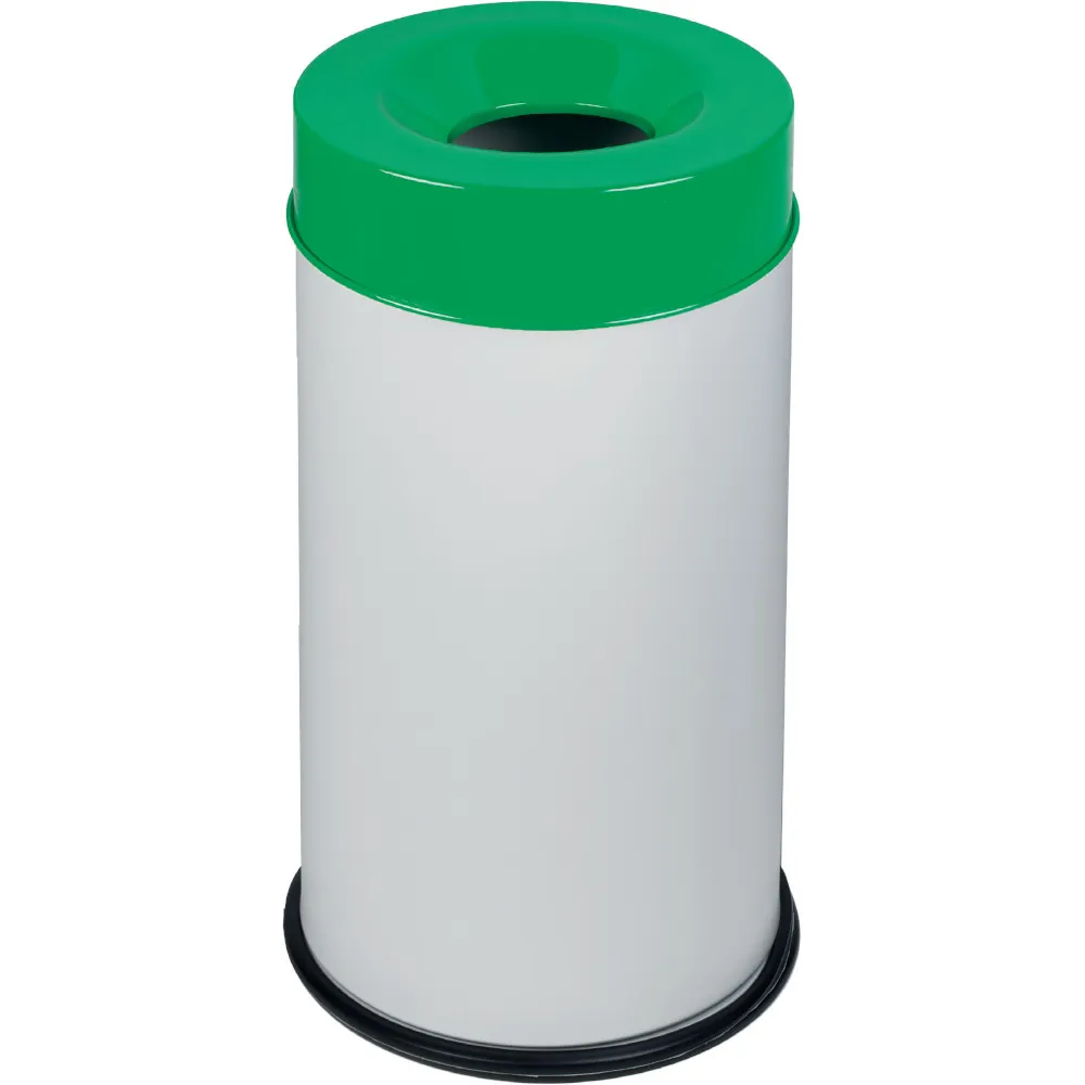 Poubelle antifeu 90L blanc couvercle vert sécurisée