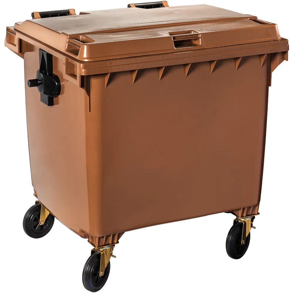 Poubelle roulante marron grande capacité 1100L robuste extérieur