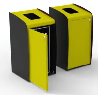 Borne à déchets avec façade jaune et ouverture avant.