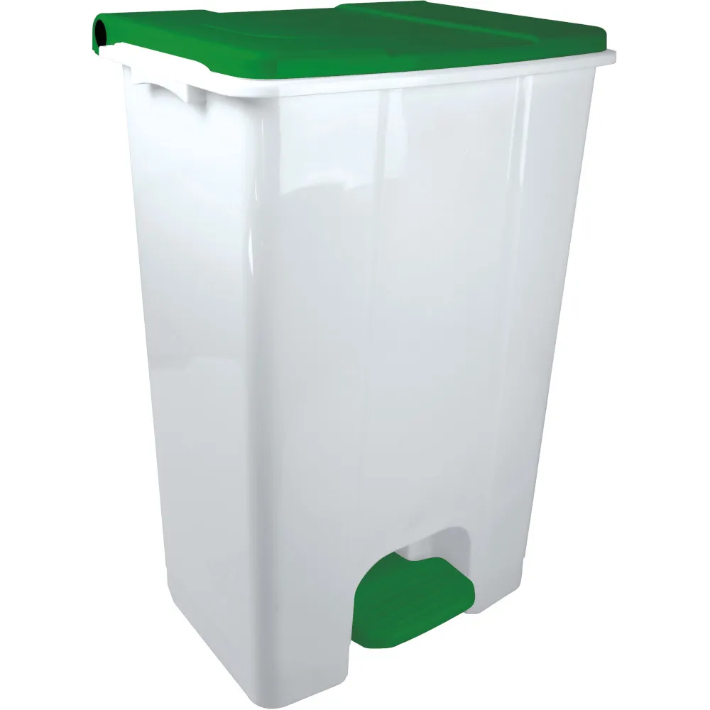 Conteneur mobile 80L blanc-vert à pédale pratique.