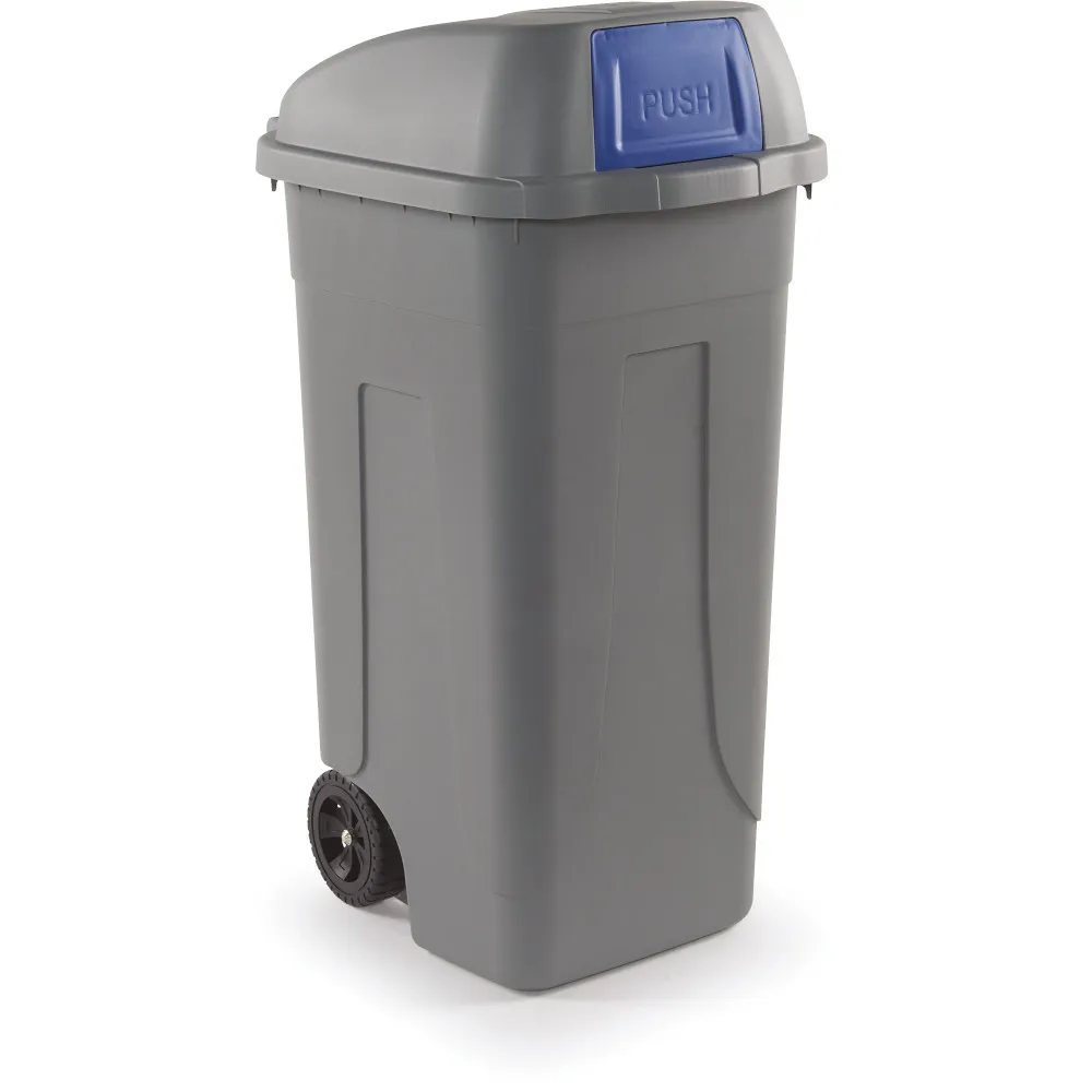 Conteneur trappe basculant plastique 100L gris-bleu durable.