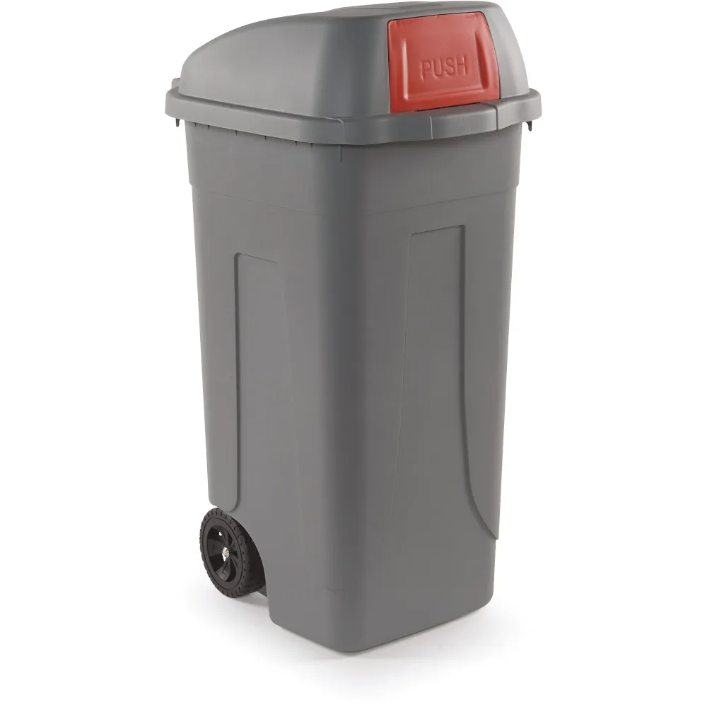 Conteneur plastique 100L trappe basculante gris-rouge durable