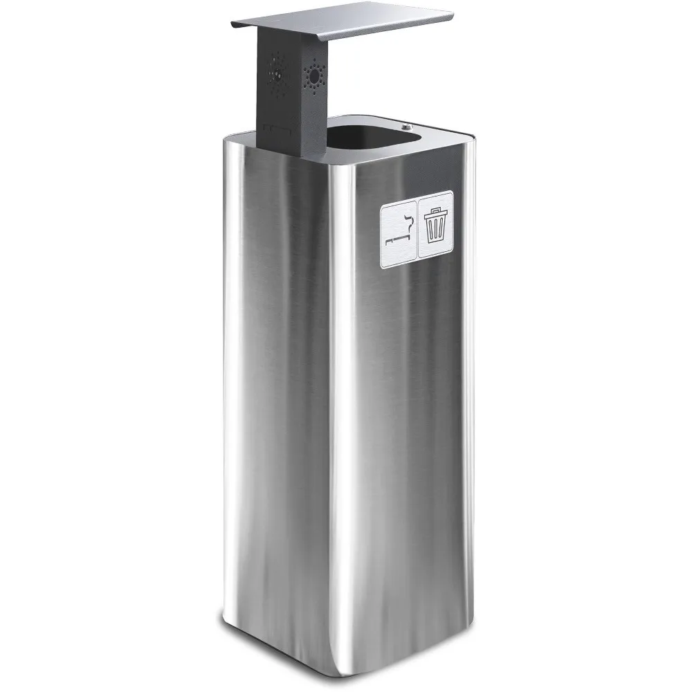 Poubelle inox 60L avec cendrier noir pour extérieur.