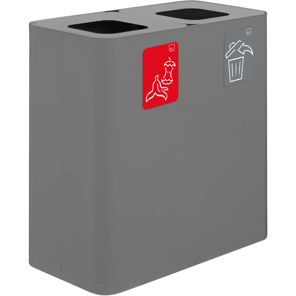 Poubelle tri sélectif grise 2 flux 100 litres avec pictogrammes.