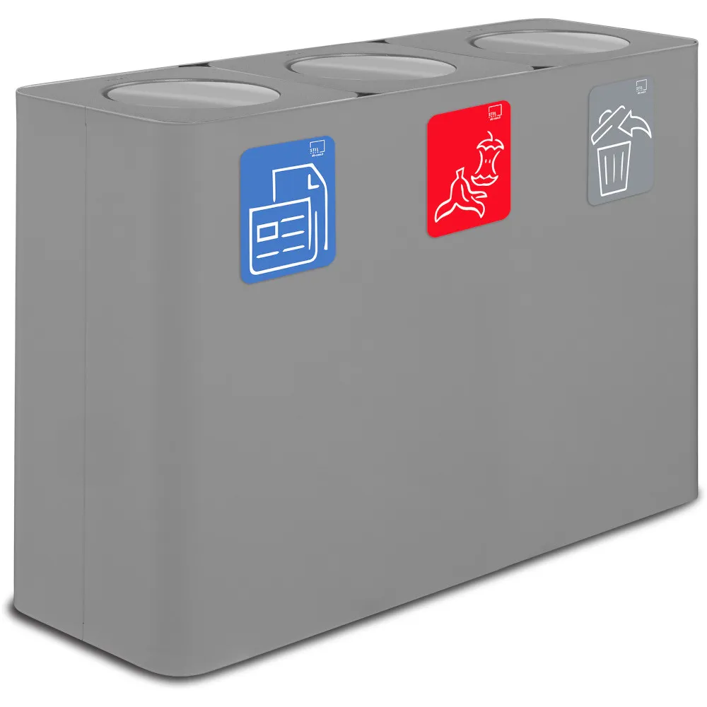 Poubelle tri sélectif 3 flux 100 litres gris avec couvercle basculant