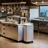 Poubelle de restaurant inox ouverture façade