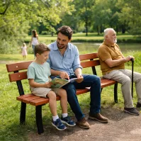 Banc de parc 3 places bois châtaigner structure noire